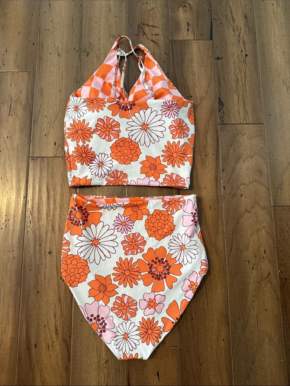 RAD Swim Reversible Retro Floral and Checkered High-Waist Tankini Set